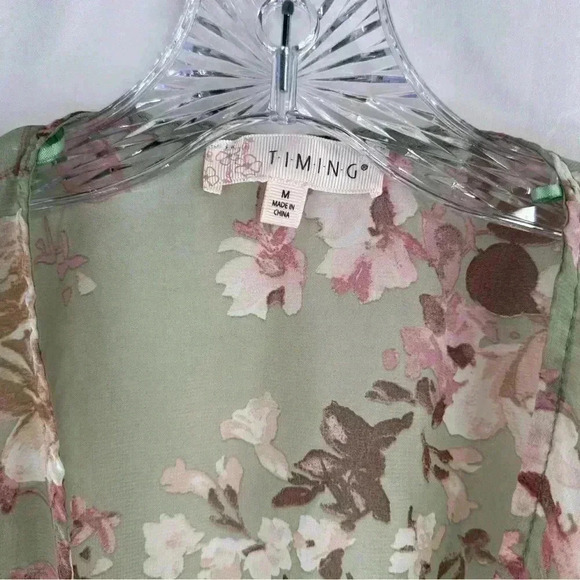 Timing Sheer Olive Green Floral Tie Front Blouse 3/4 Sleeves Lace Accent Size M - Picture 2 of 8